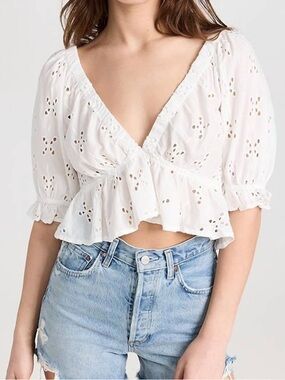 Free People Puff Sleeve Eyelet Lace Crop Top Gardenia Festival Boho Cowgirl